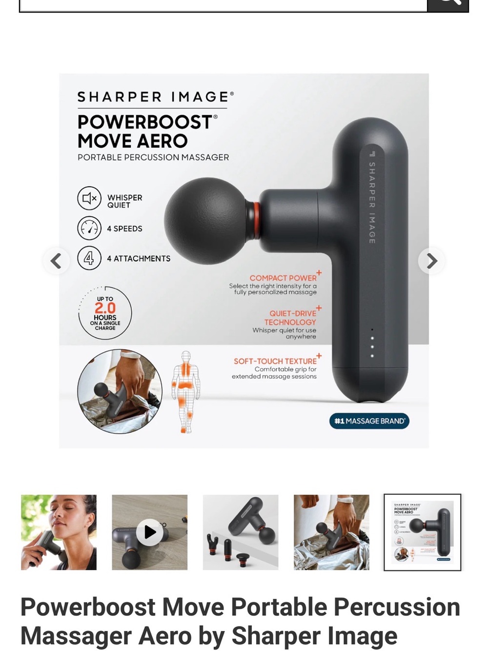 Sharper Image PowerBoost Move Aero Portable Percussion Massager - Charcoal